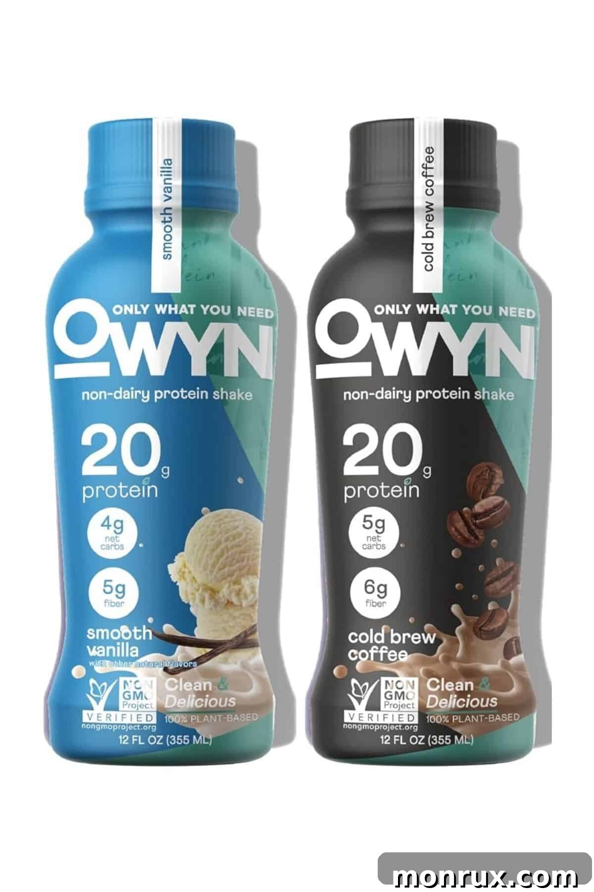 Two bottles of OWYN protein shakes, highlighting their plant-based formulation and convenient packaging.
