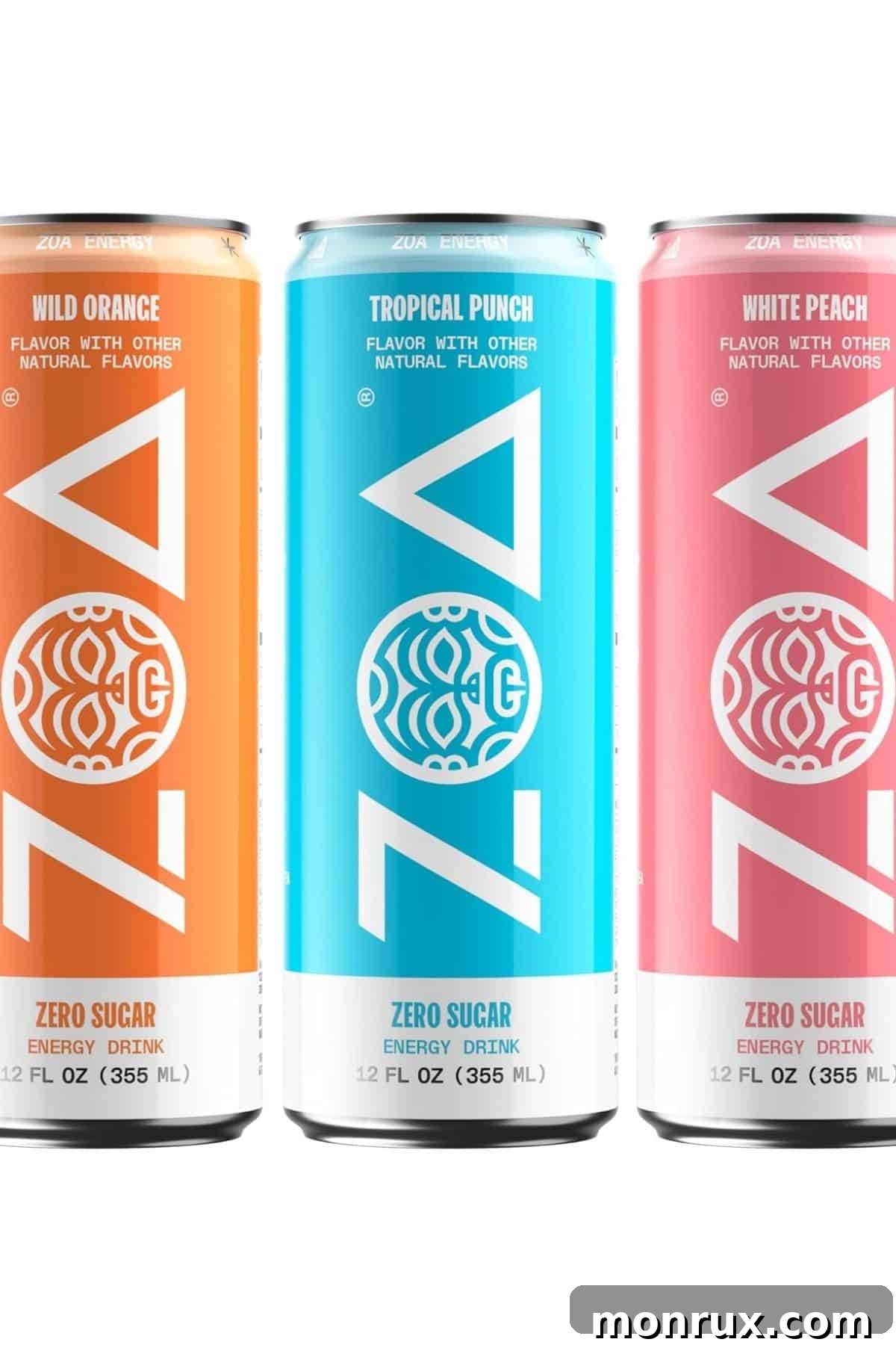 Three cans of ZOA energy drinks in different flavors arranged on a table, highlighting the product packaging.