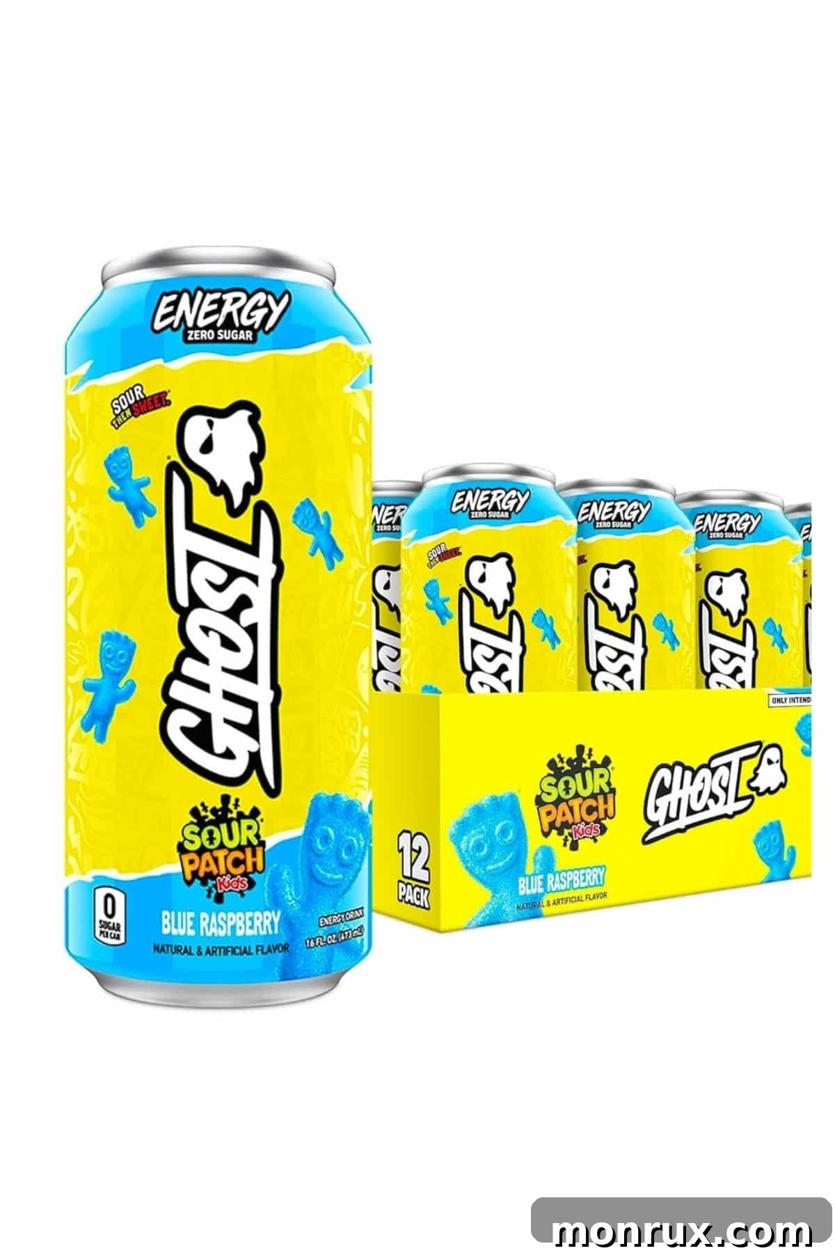 bottle of ghost energy drink sour patch on table with case.