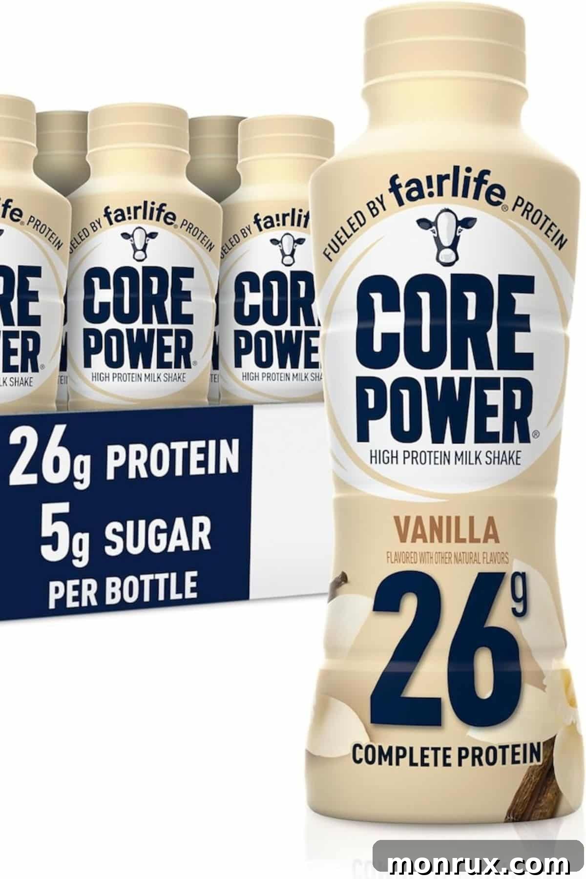 A bottle of Fairlife Core Power Protein drink in front of a box of several other bottles, showcasing the product line.