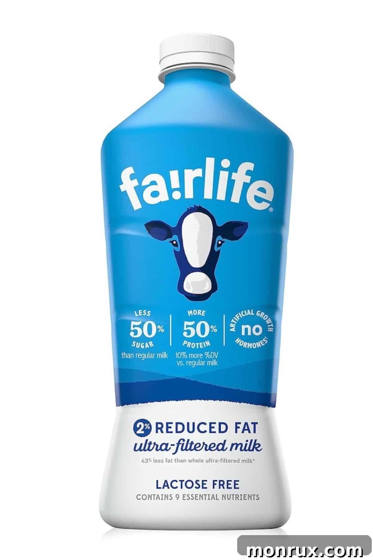 A jug of Fairlife milk on a kitchen counter, highlighting its packaging and branding.