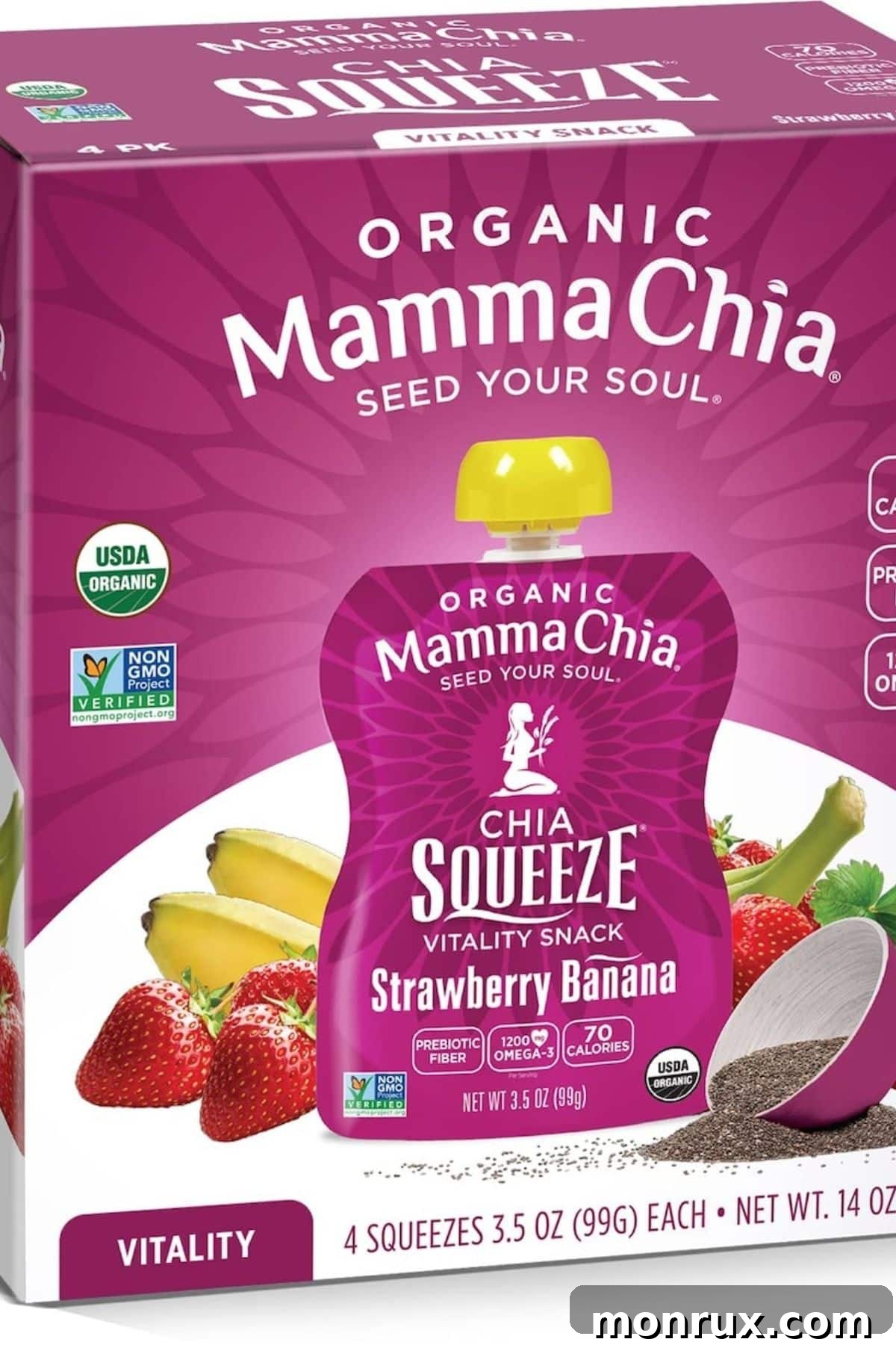 a box of Mamma Chia squeeze pouches in strawberry banana.