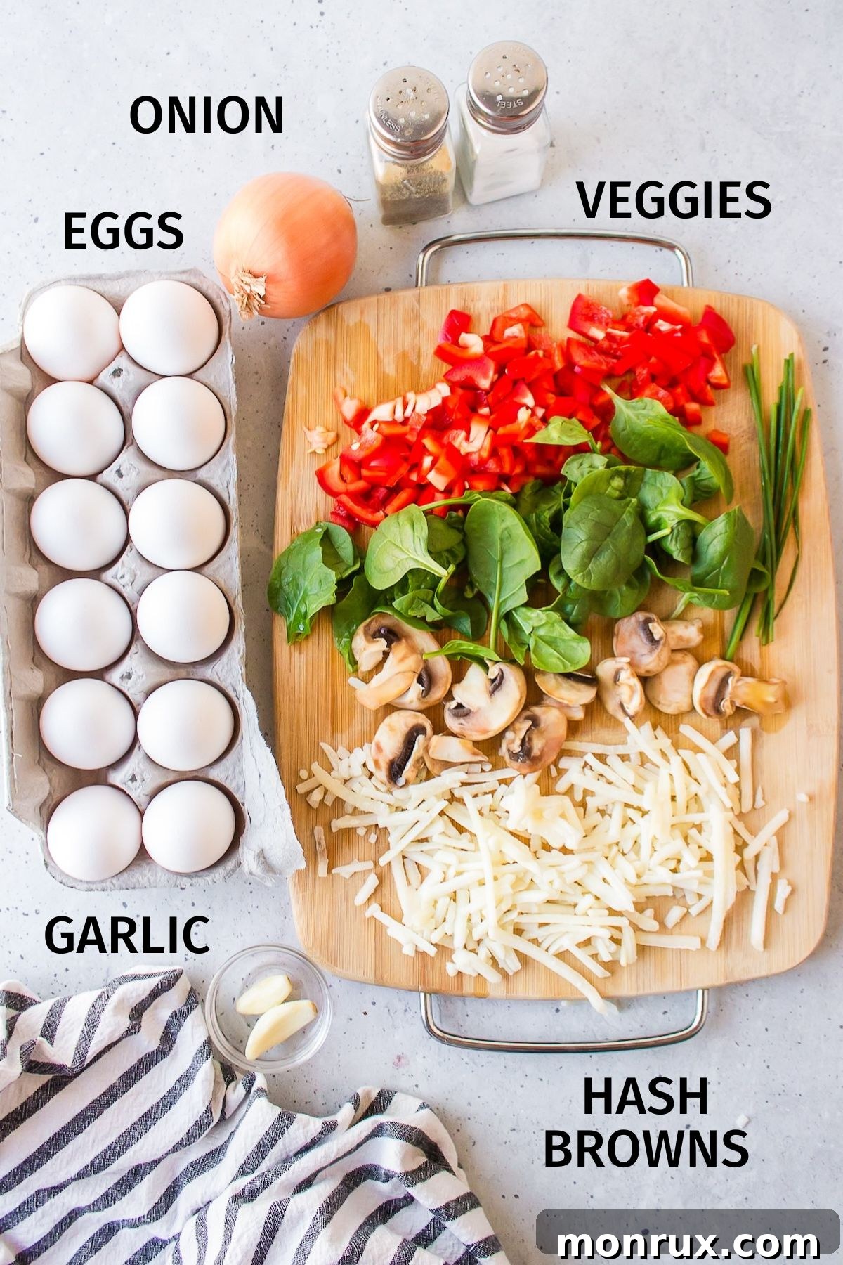 ingredients for dairy-free breakfast casserole on a counter.