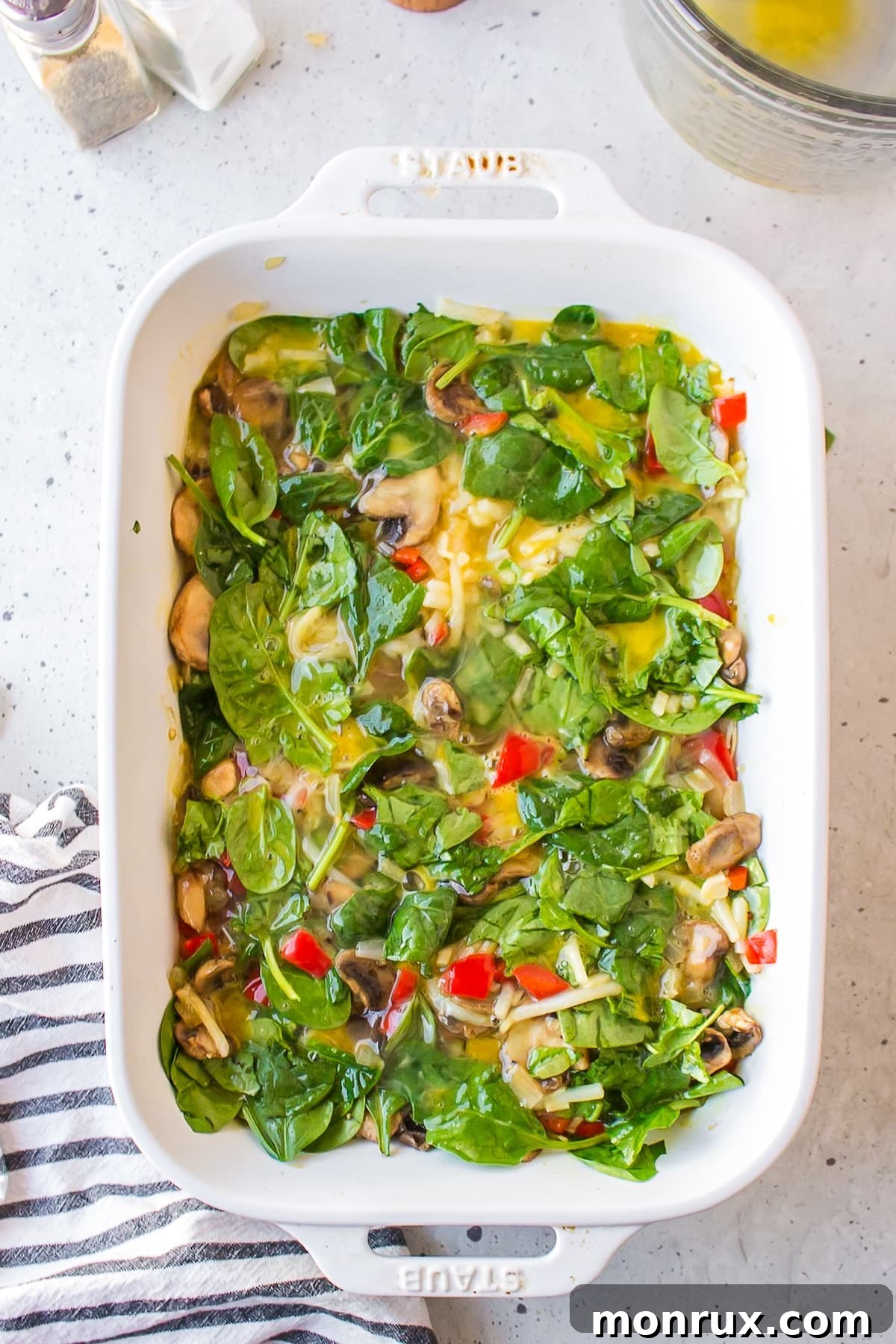 milk-free breakfast casserole ready to bake in pan.