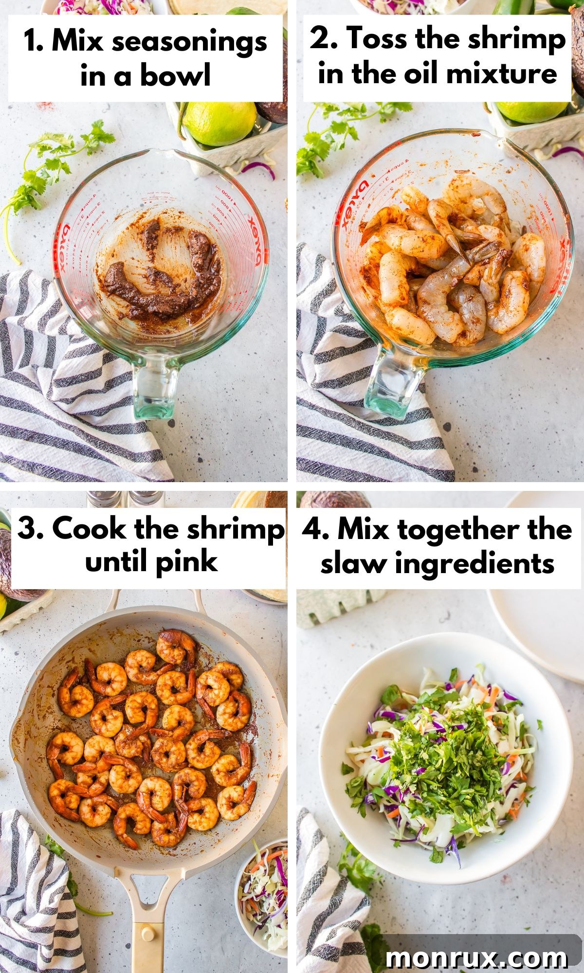 A step-by-step visual guide showing the process of seasoning shrimp, cooking it in a skillet, and preparing the cabbage slaw for Baja Shrimp Tacos.
