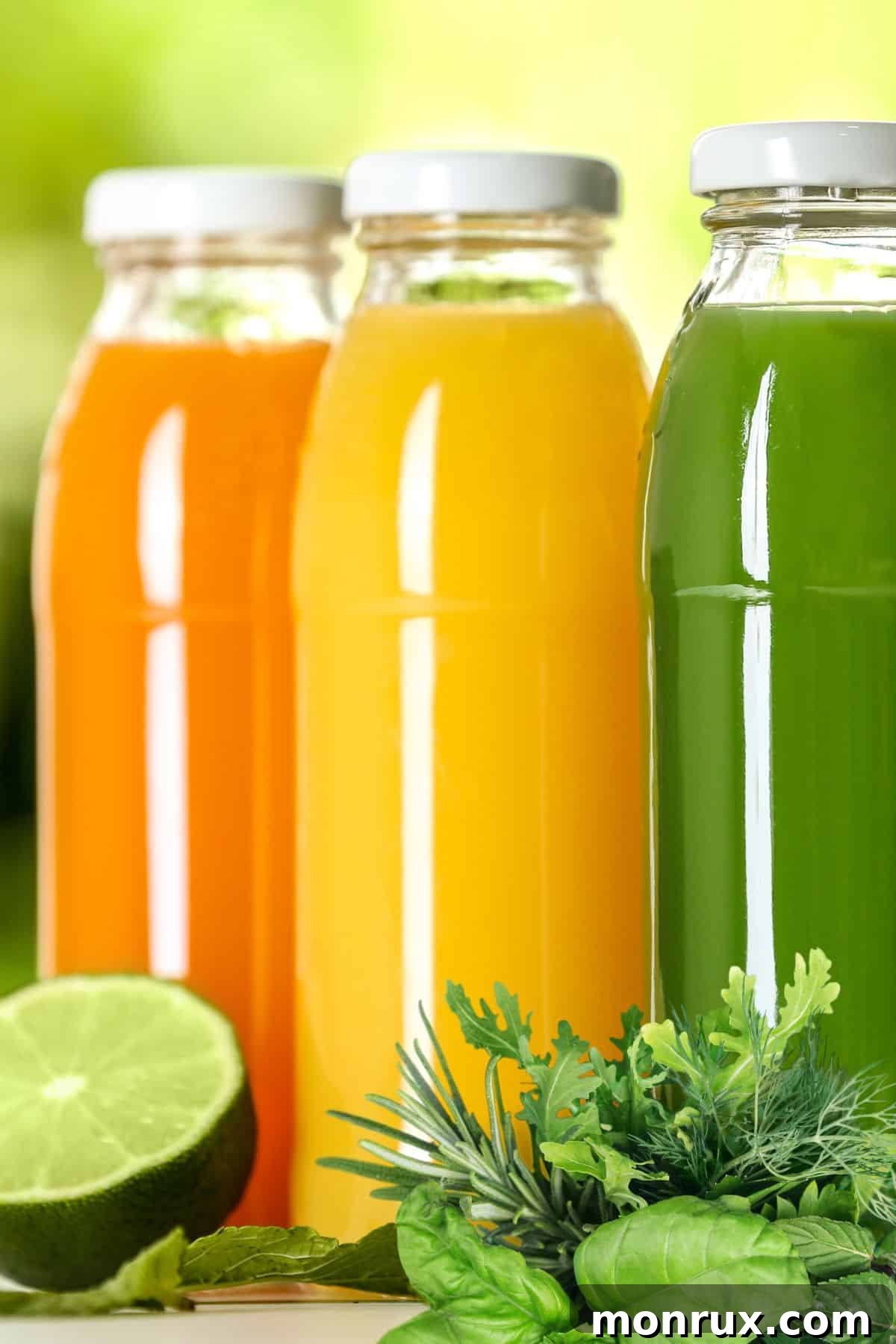 colorful juices with fresh herbs on table.