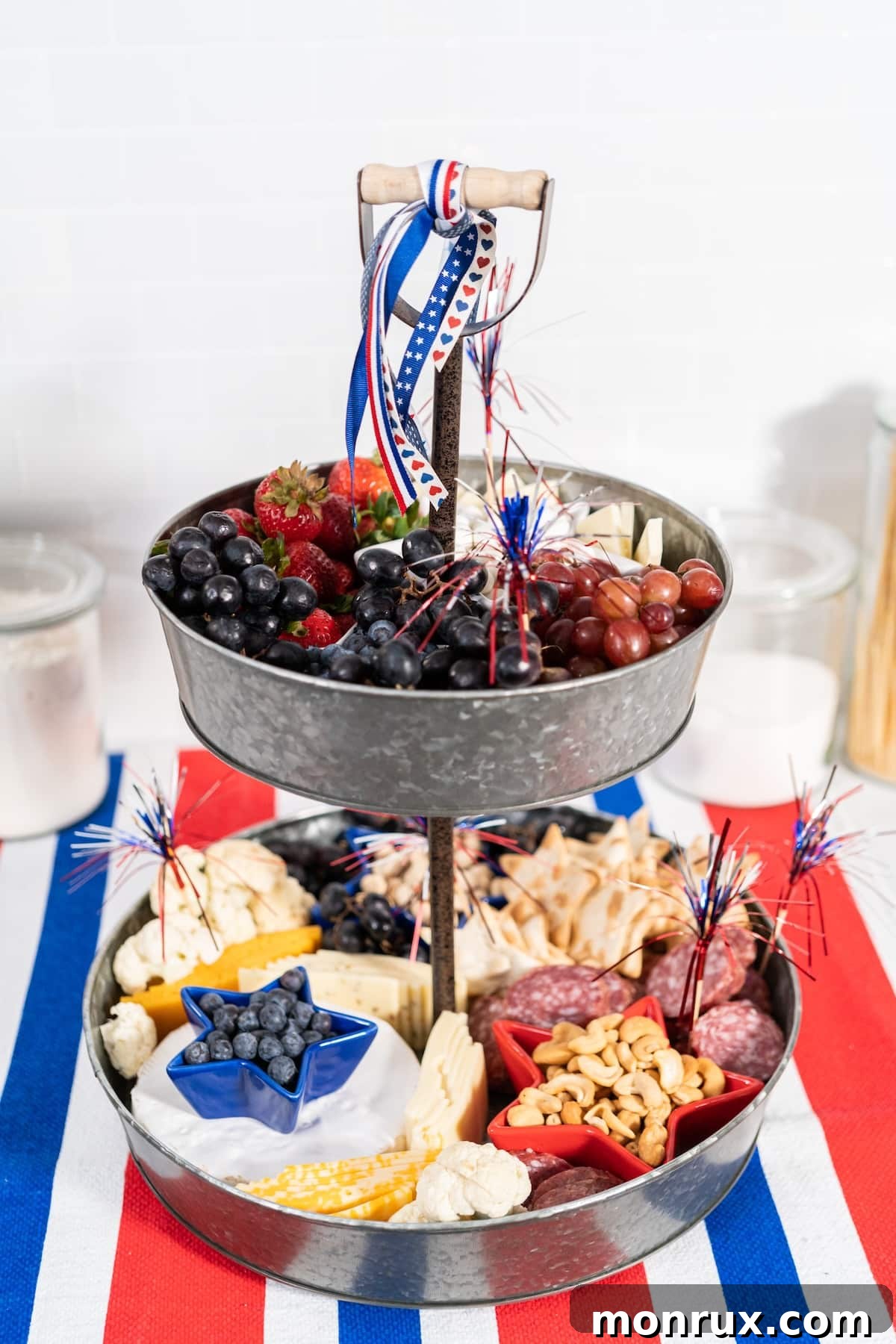 A festive 4th of July charcuterie board showcasing an array of red, white, and blue snacks, perfect for celebrations.