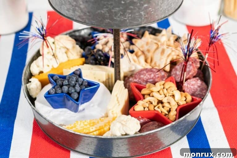 A 4th of July charcuterie board brimming with red, white, and blue snacks, perfect for patriotic celebrations.