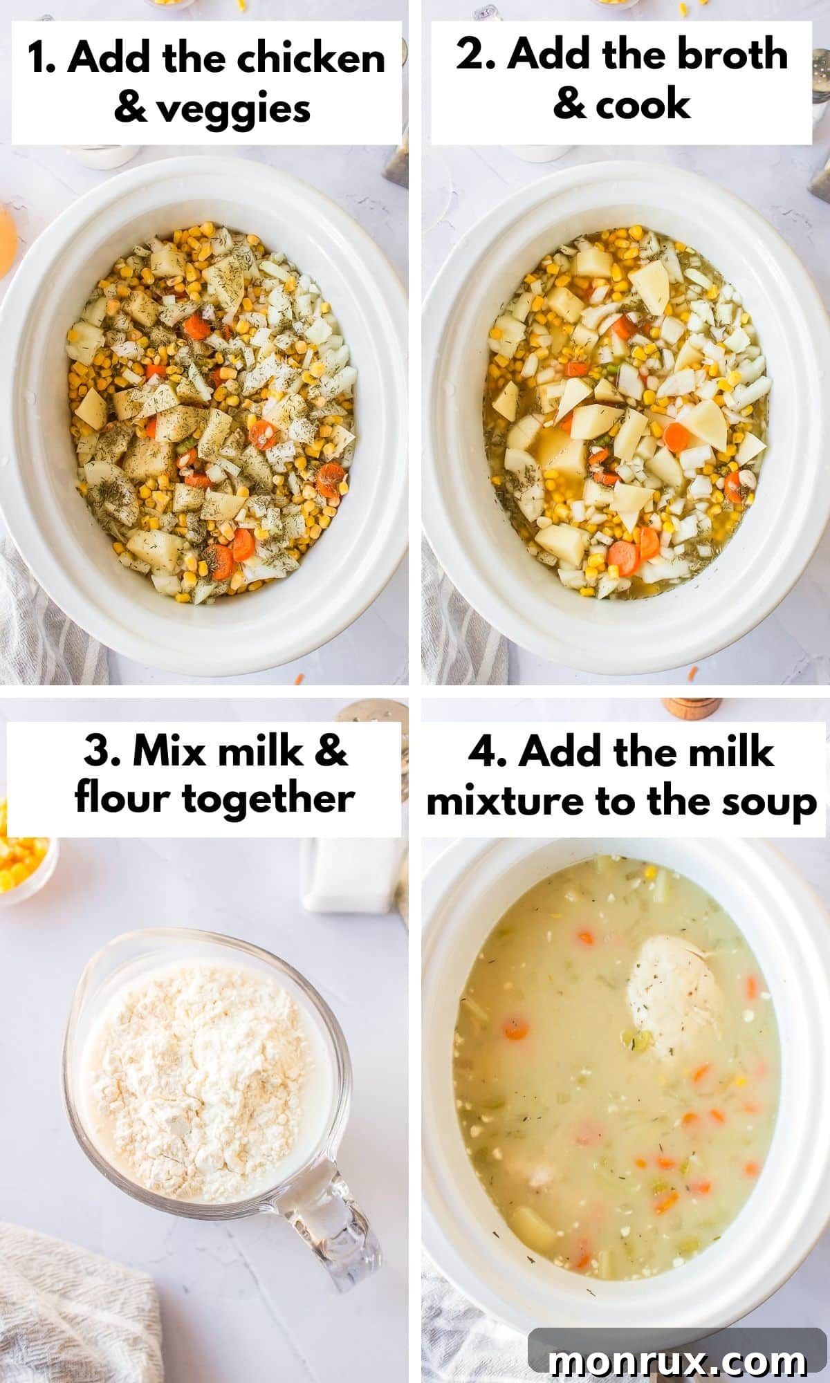 The cooking process of crockpot chicken, corn, and potato soup shown in stages, from raw ingredients in the pot to simmering liquid.
