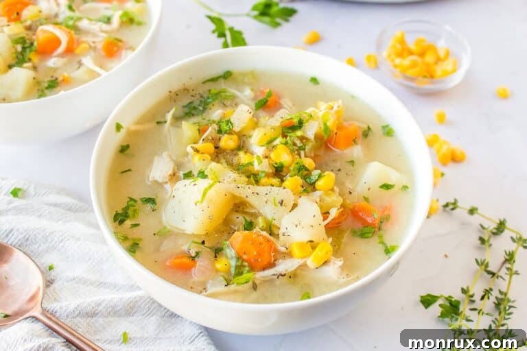 A bowl of creamy crockpot chicken, corn and potato soup.