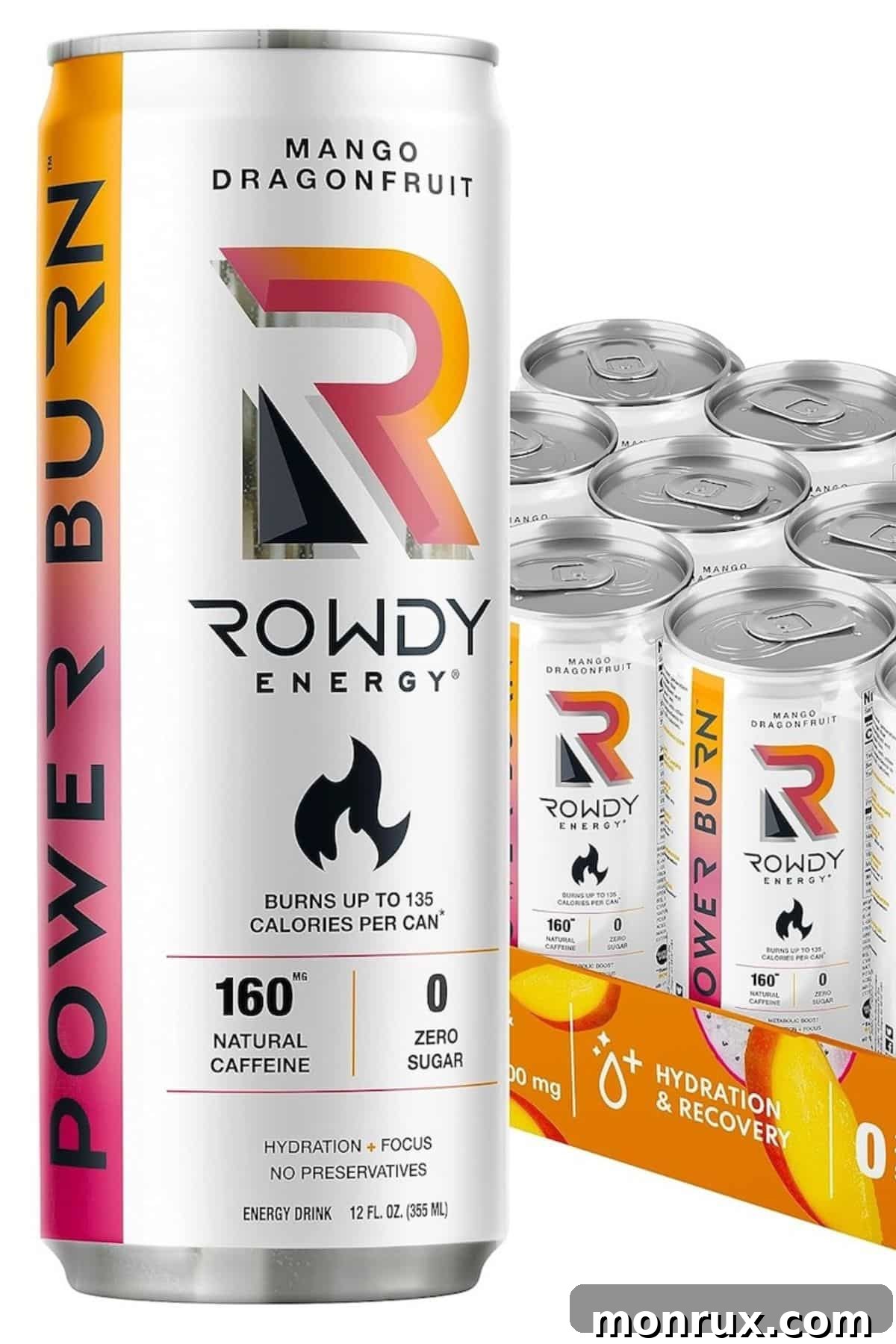 A vibrant can of Rowdy Energy Drink in mango dragonfruit flavor, ready to be consumed.