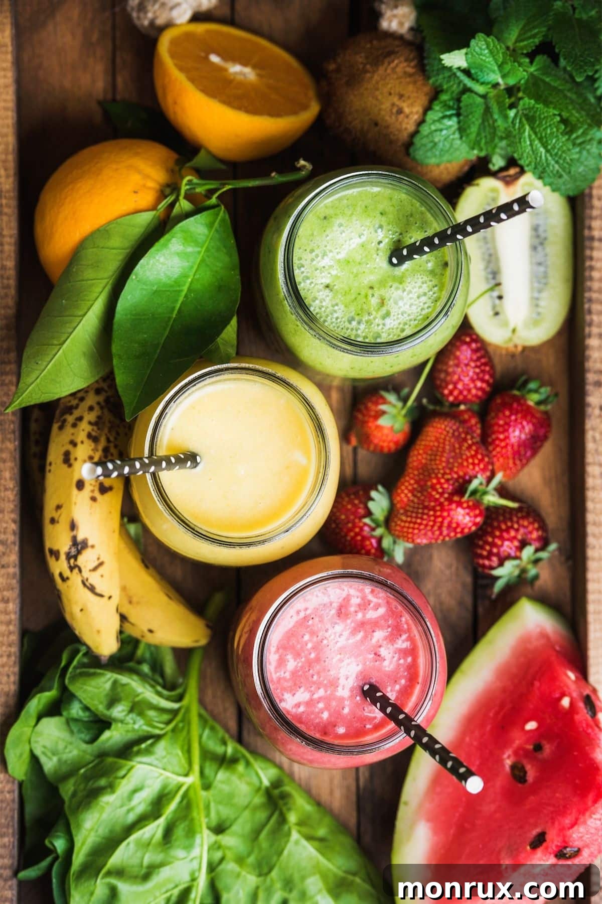 A vibrant collection of colorful summer smoothies on a rustic wooden tray, garnished with fresh fruits and mint.