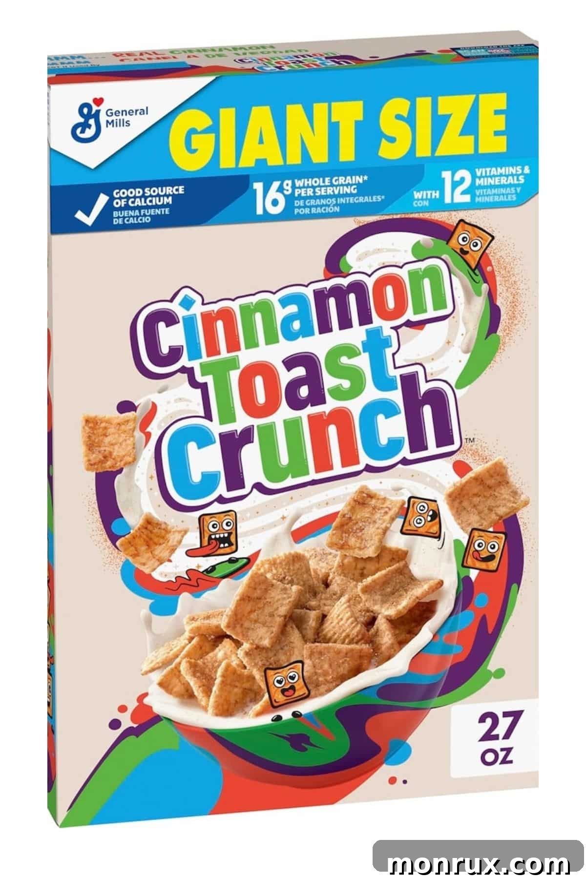 Large box of Cinnamon Toast Crunch cereal, highlighting its iconic cinnamon sugar squares.