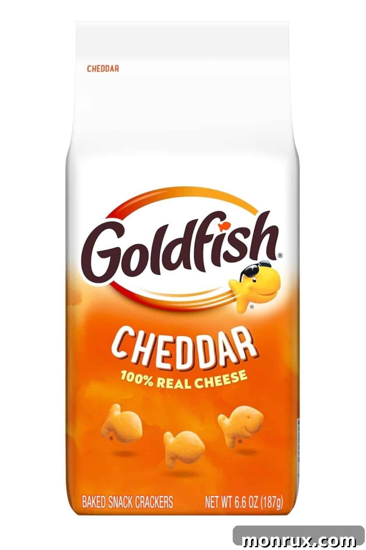 A vibrant bag of classic cheddar Goldfish crackers, a popular snack item.