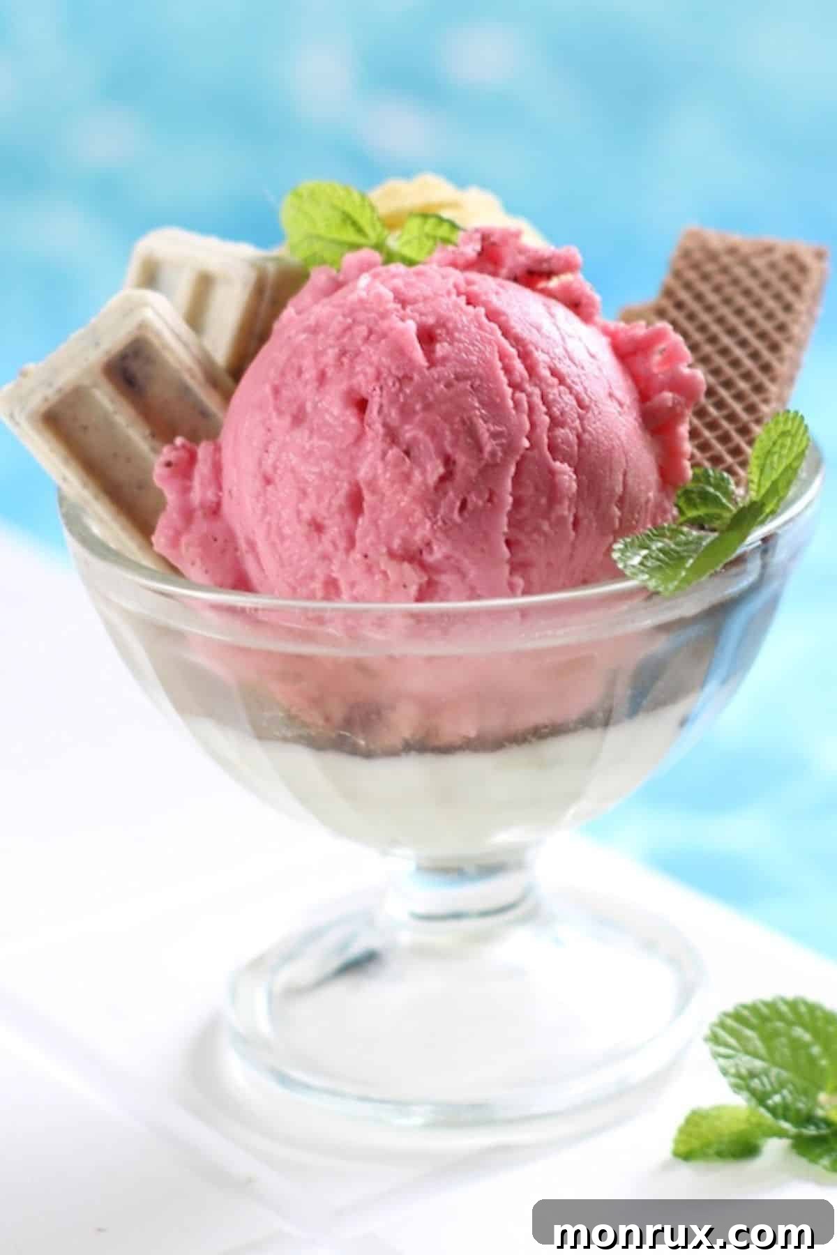 Vibrant vegan strawberry sorbet presented in an elegant parfait glass, accompanied by gluten-free cookies, set against a bright summer backdrop.