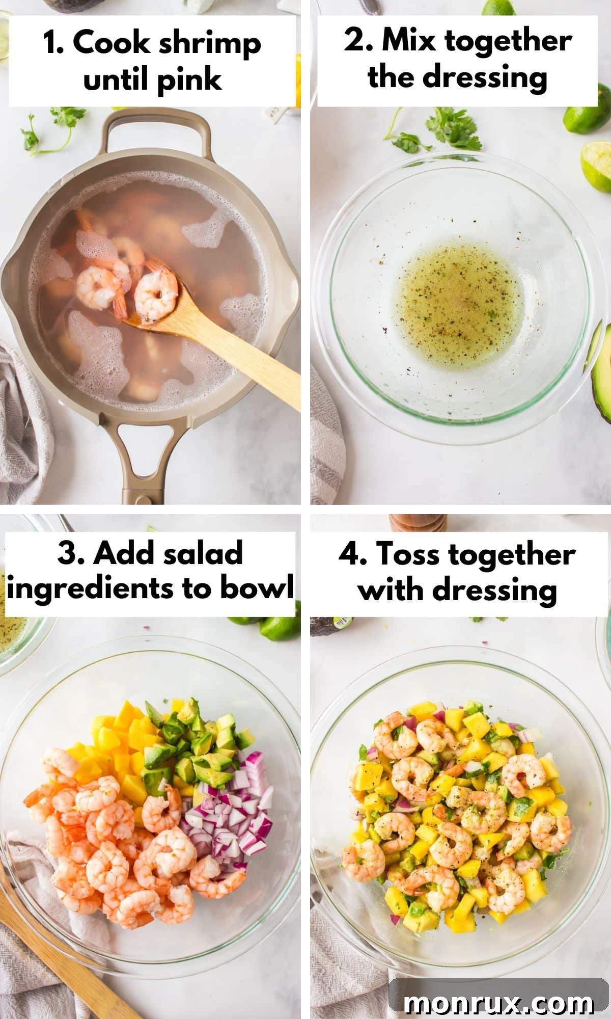 the process for making avocado mango shrimp salad, showing cooked shrimp, diced fruits, and dressing preparation.