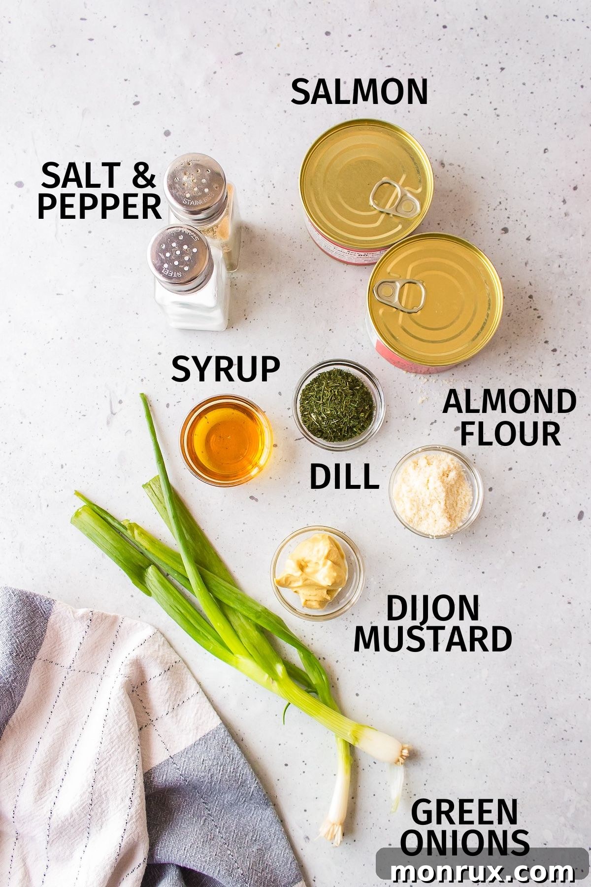 Collection of key ingredients needed to prepare delicious gluten-free salmon cakes.
