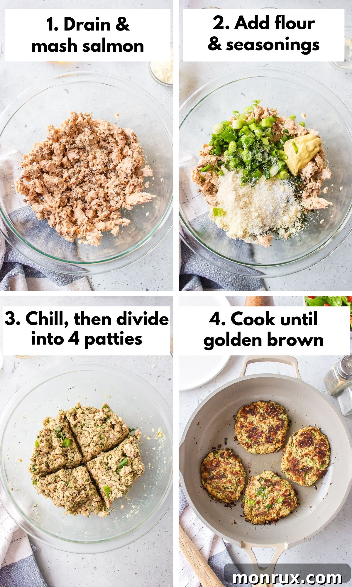A visual guide showing the process of making gluten-free salmon cakes, from mixing to pan-frying.