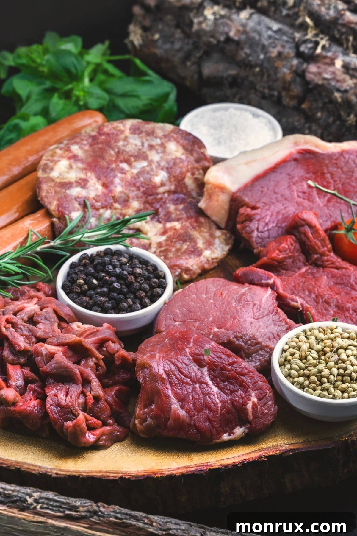 Selection of raw meats on a wooden table with spices, indicating an animal-based diet.