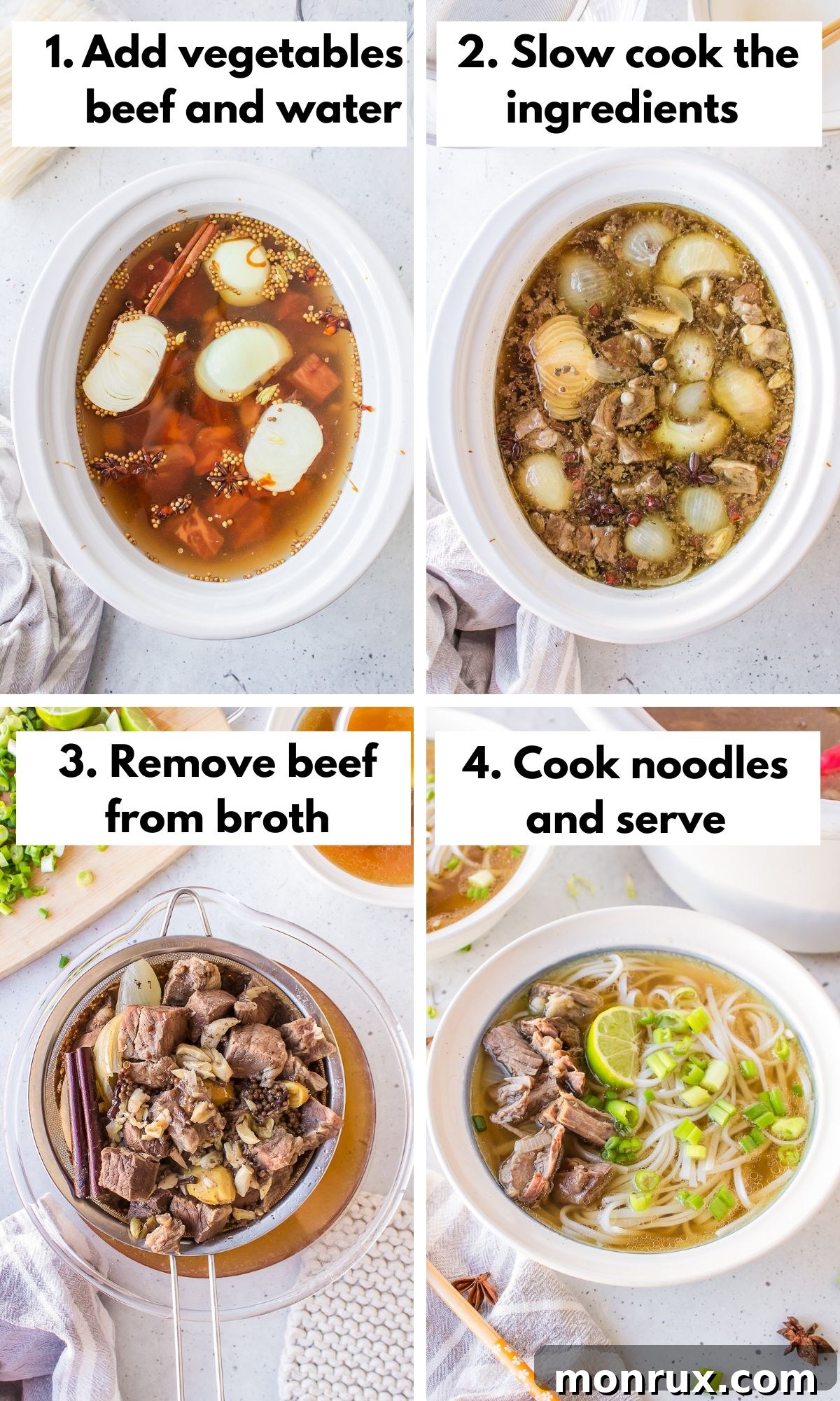A visual collage illustrating the easy steps to prepare slow cooker beef pho.