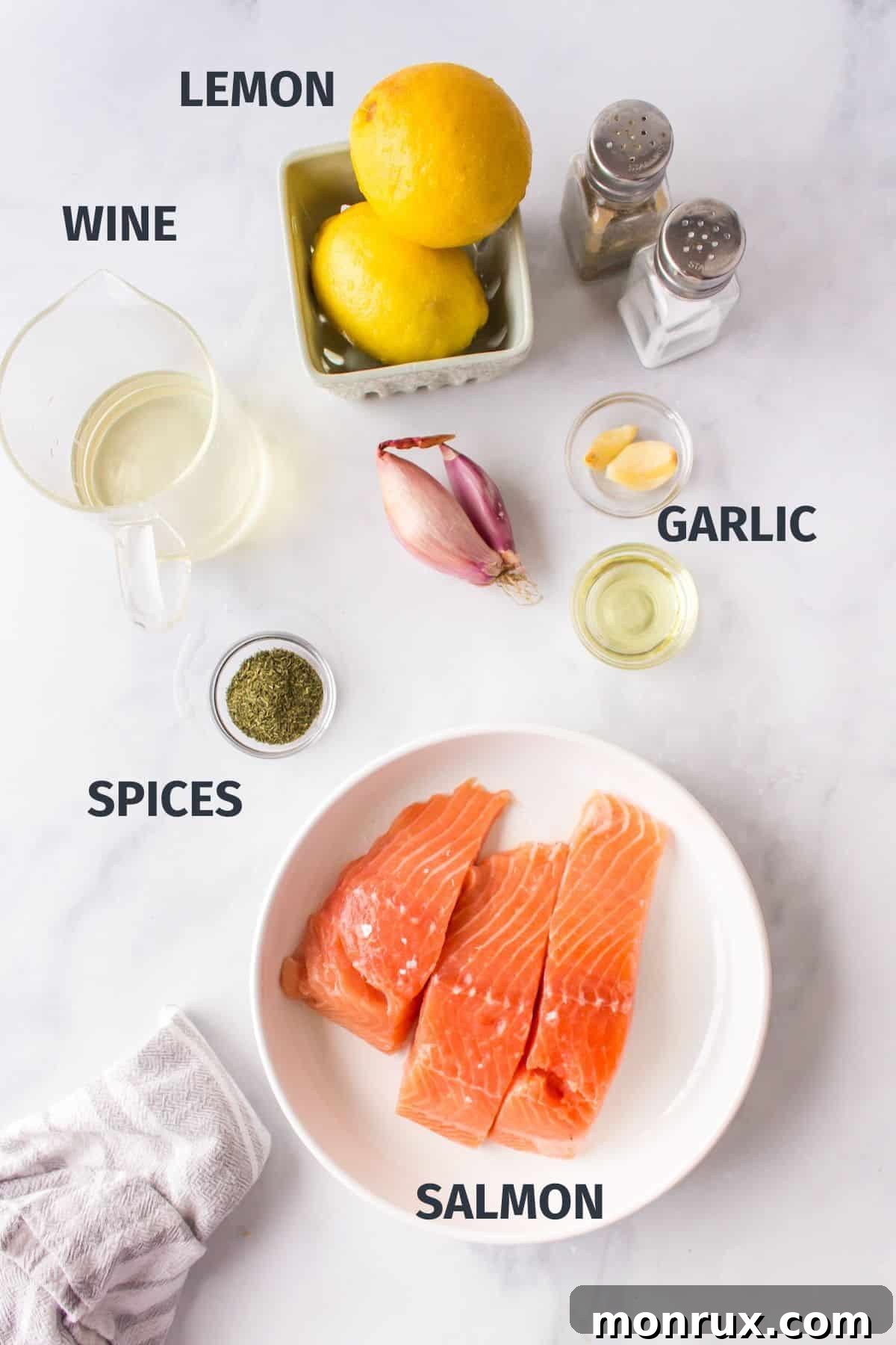 A flat lay image showing fresh ingredients for slow cooker salmon: salmon fillets, lemons, garlic cloves, fresh dill, shallots, white wine, and olive oil.