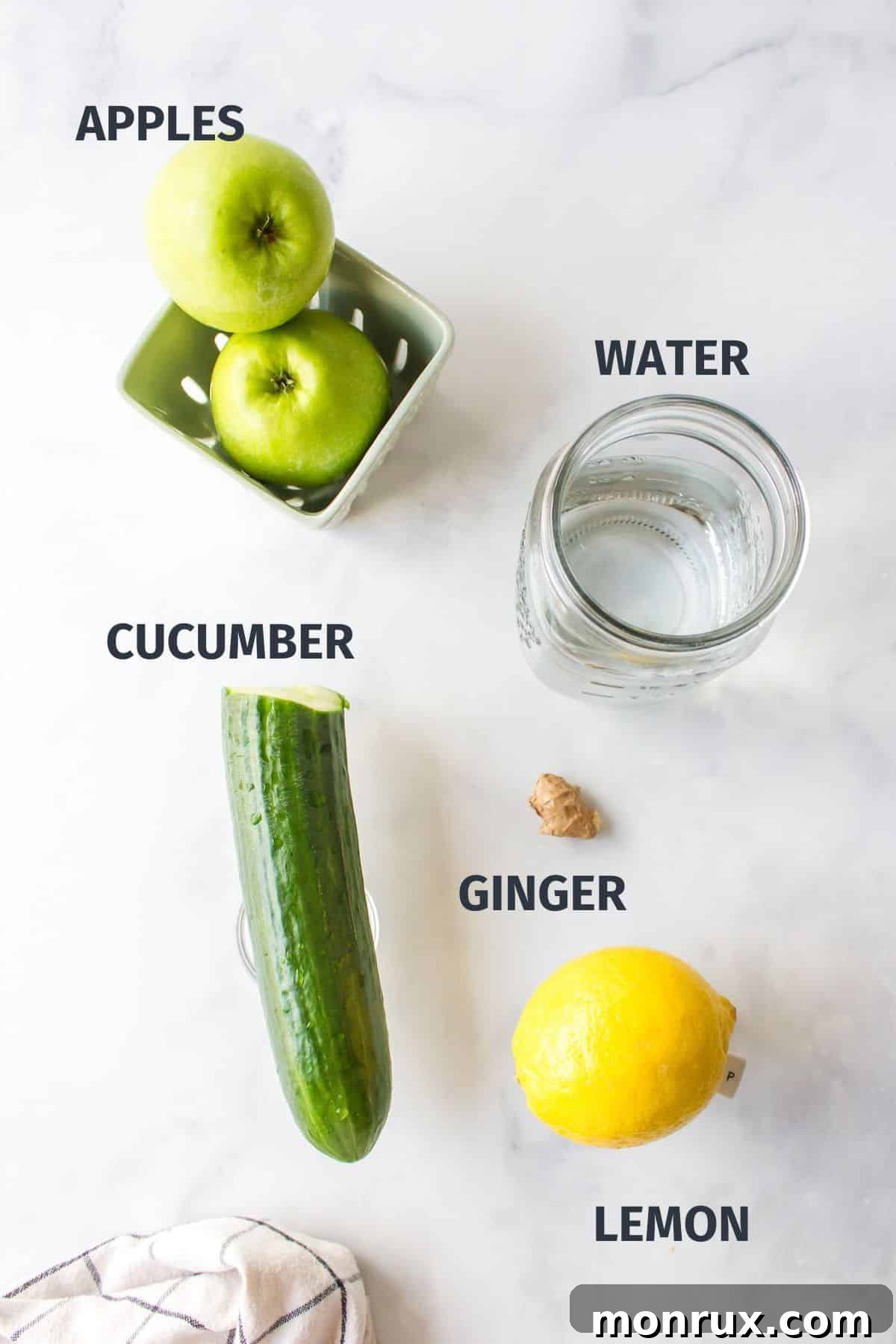 ingredients for making cucumber apple juice with labels