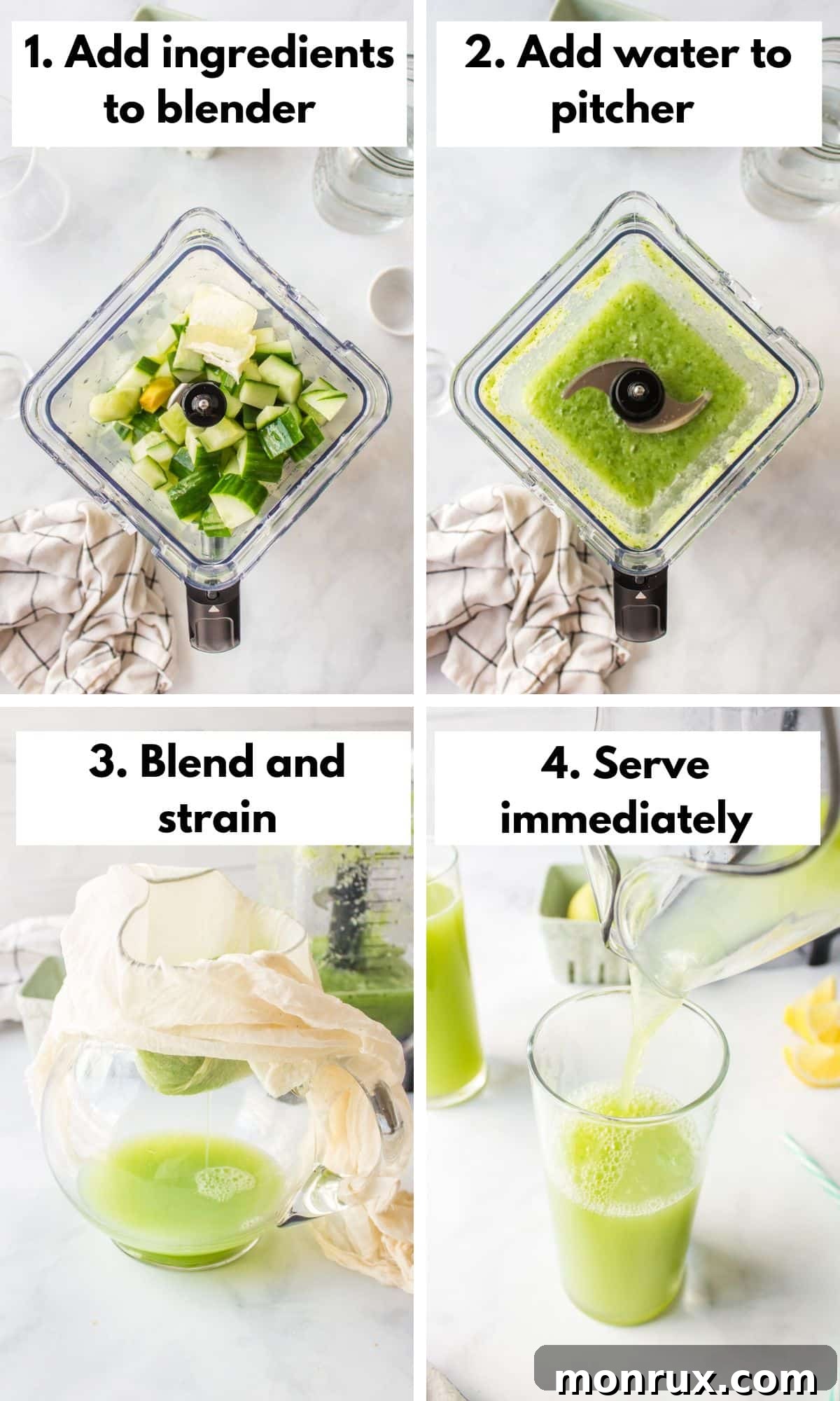 collage for making cucumber apple lemon juice in blender.
