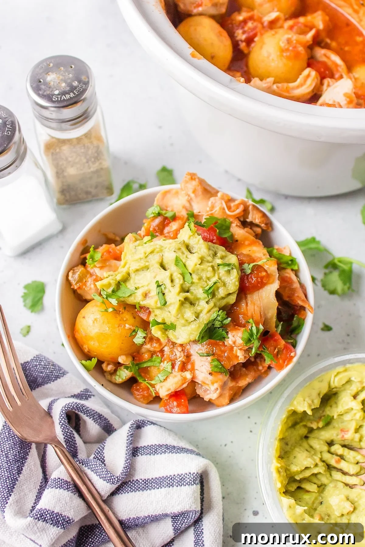 slow cooker chicken and potatoes with salsa, garnished with fresh cilantro.