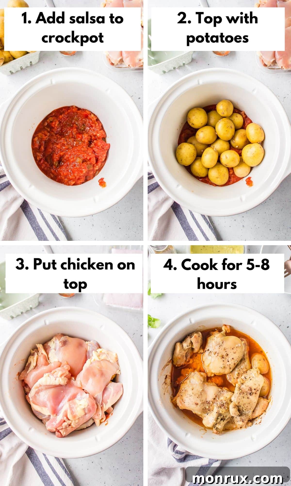 collage showing the step-by-step process to make slow cooker chicken and potatoes with salsa.