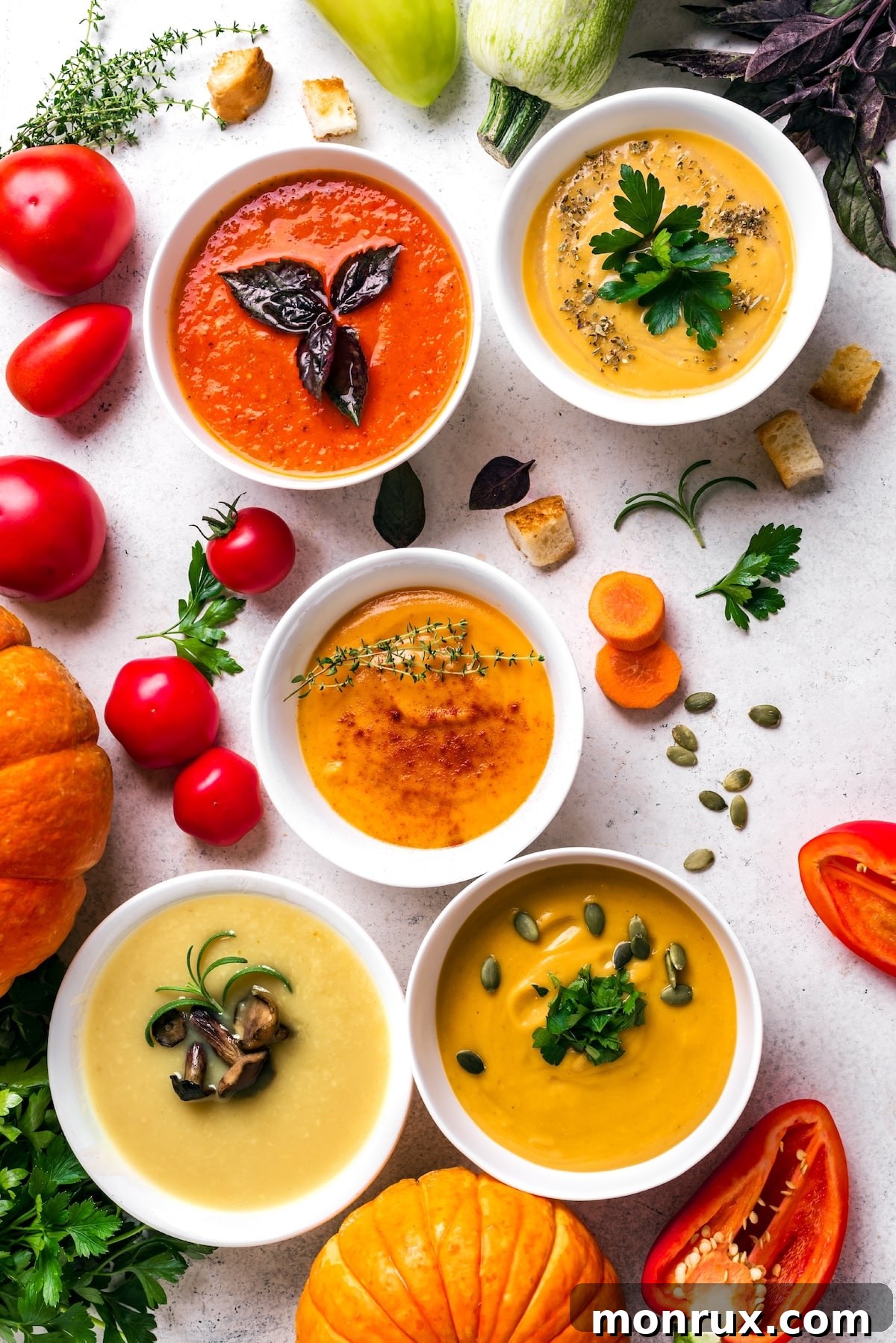 A vibrant collage of various colorful gluten-free and dairy-free soups on a rustic wooden table, showcasing their delicious appeal.