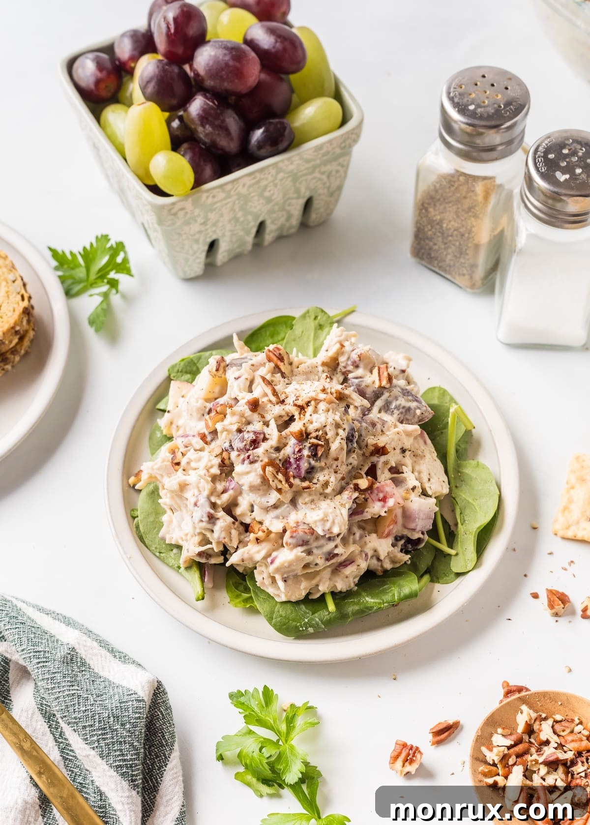 Apple Pecan Chicken Salad on a bed of fresh lettuce, ready to be served.