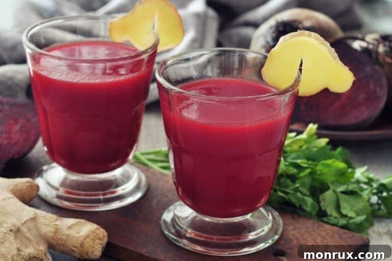 Two glasses of vibrant beet ginger juice, freshly prepared and garnished.