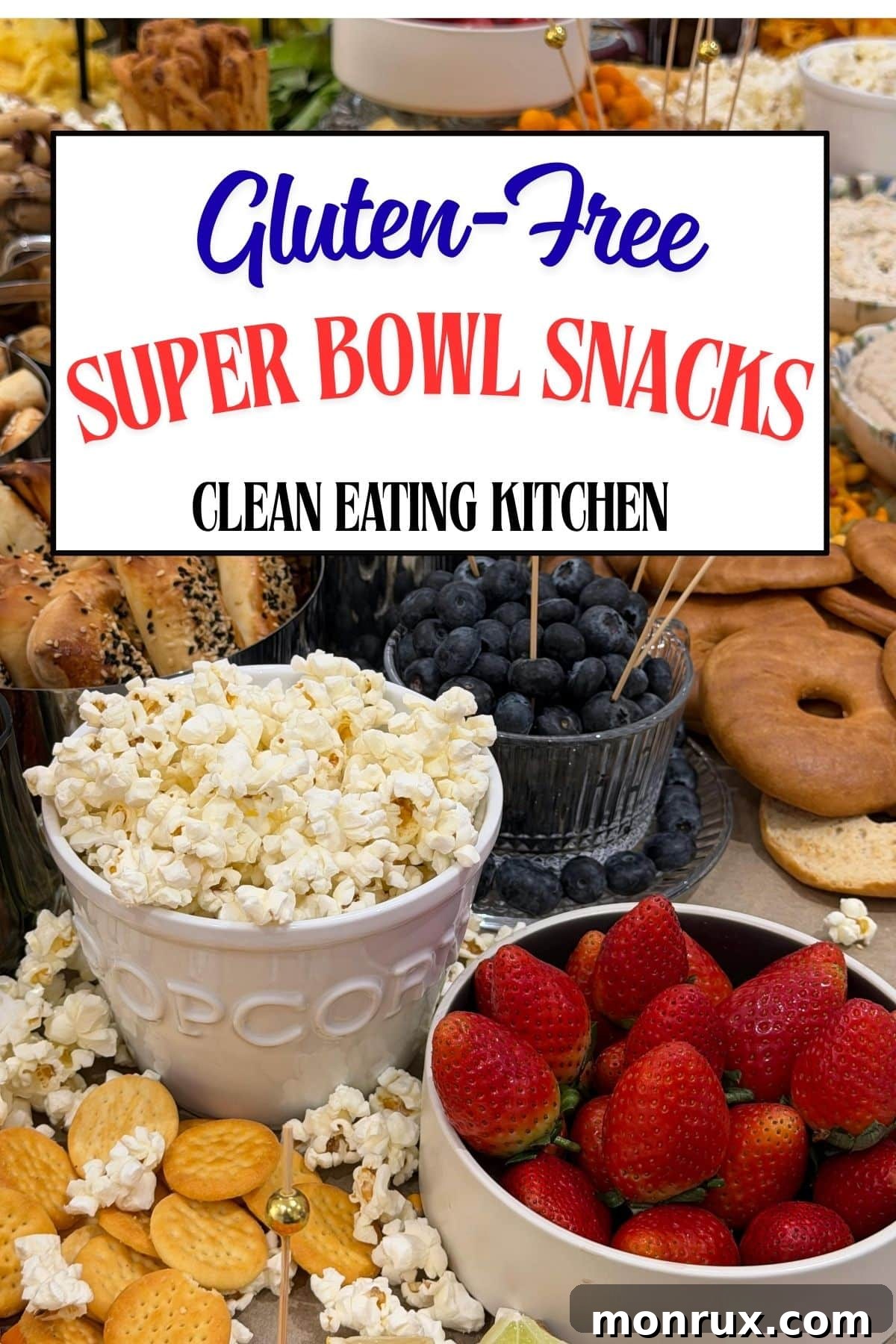 Infographic with a vibrant display of various gluten-free and dairy-free Super Bowl snacks, highlighting the title 'Gluten-Free Super Bowl Snacks'.