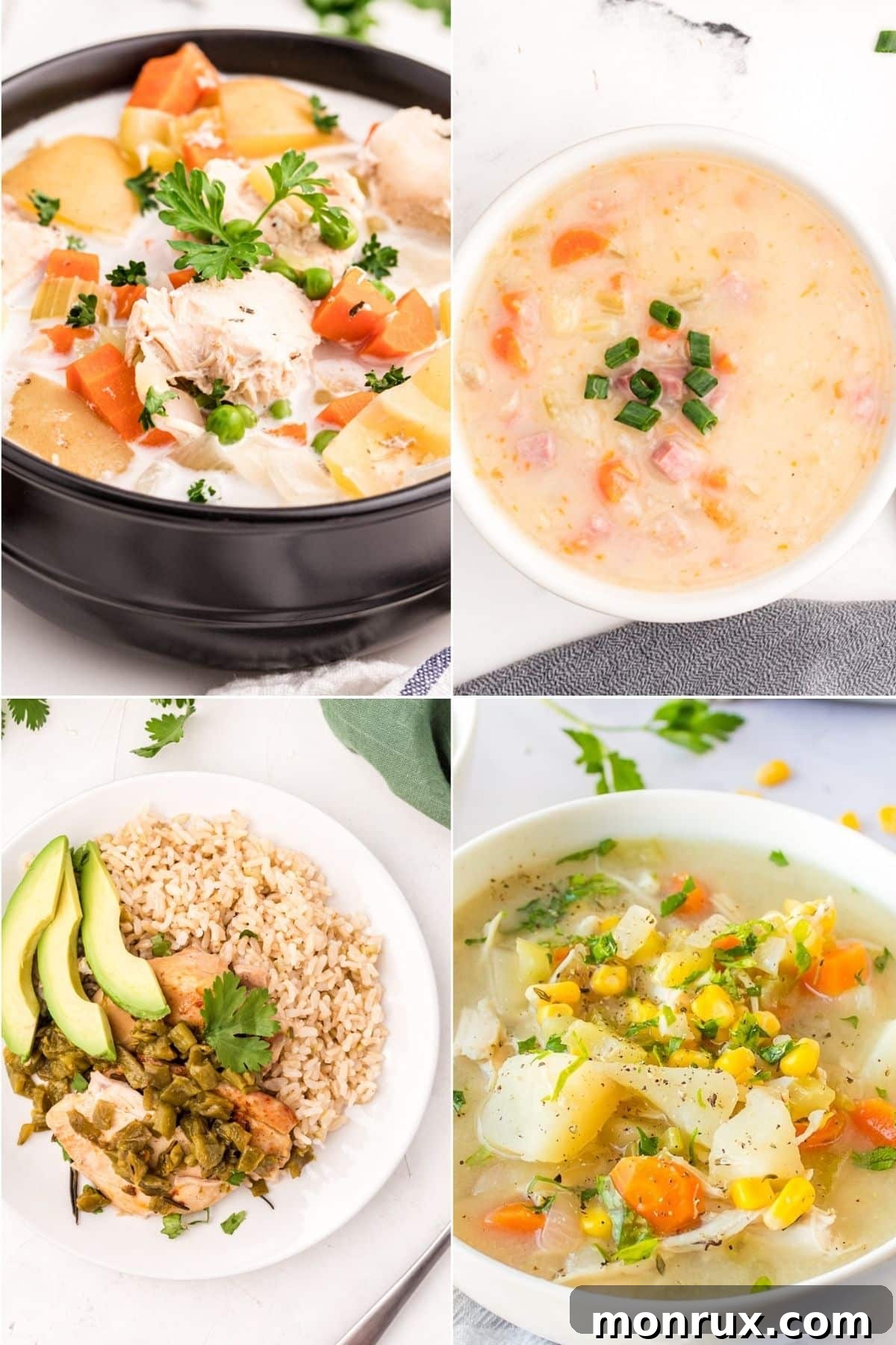 A collage of various delicious high protein slow cooker meals, featuring colorful stews, shredded meats, and comforting soups.