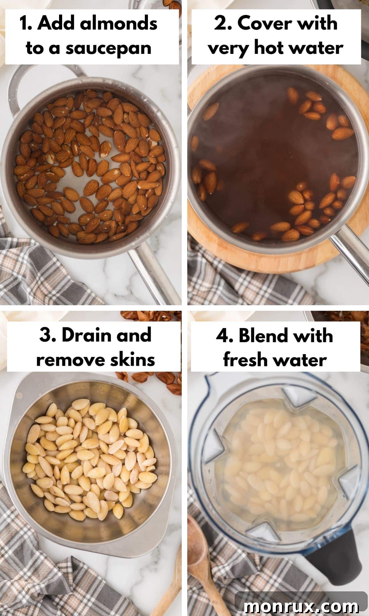 A series of process photos showing almonds soaking, being peeled, and blended for homemade almond milk.