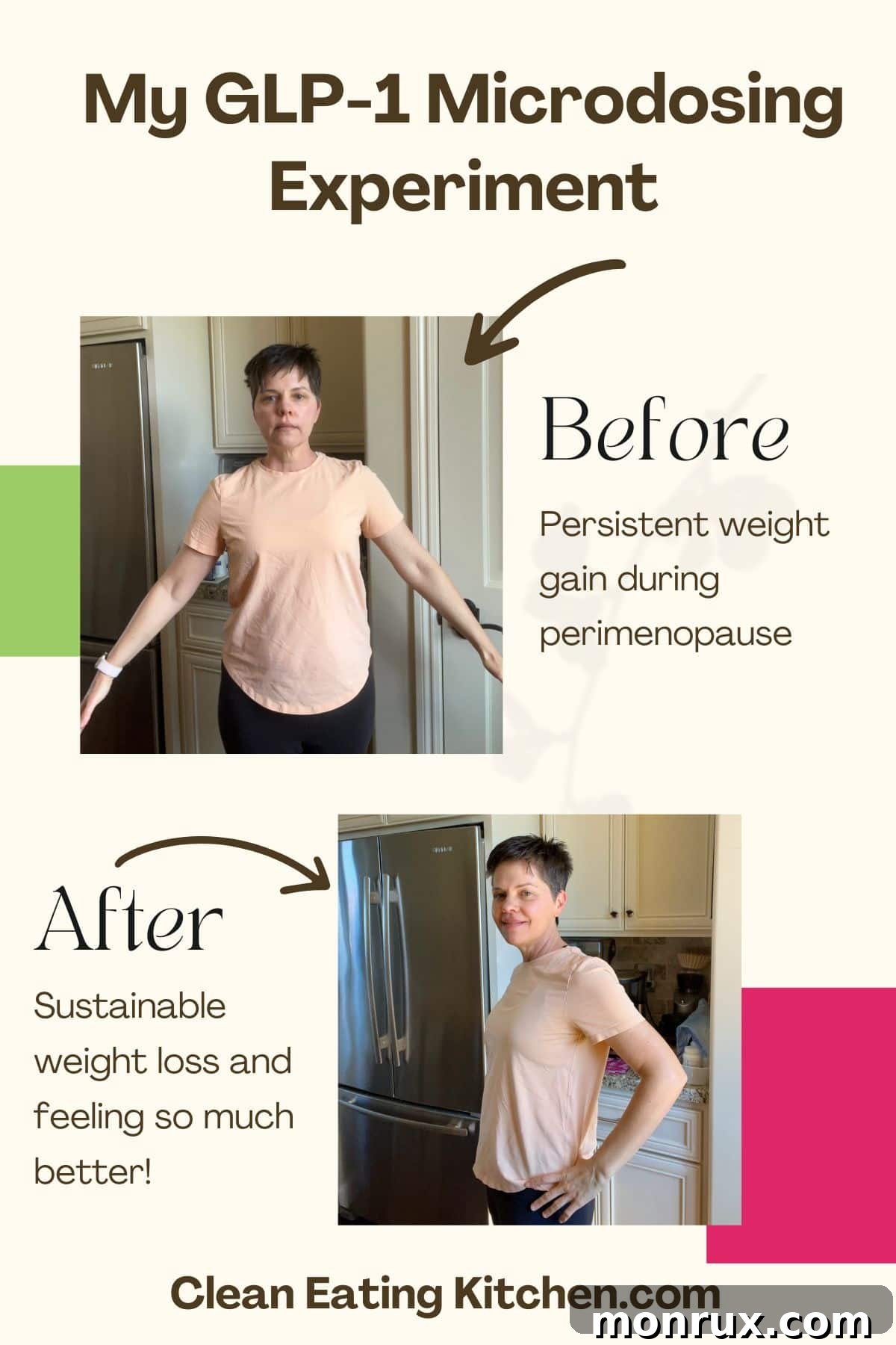 clean eating kitchen glp1 microdose before and after hero. A woman smiling, showcasing her transformation on a GLP-1 journey.